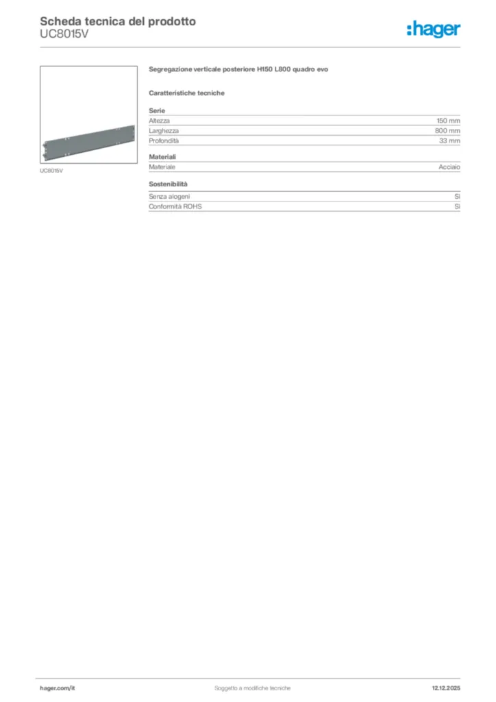Immagine Hager Scheda tecnica del prodotto UC8015V | Hager Italia