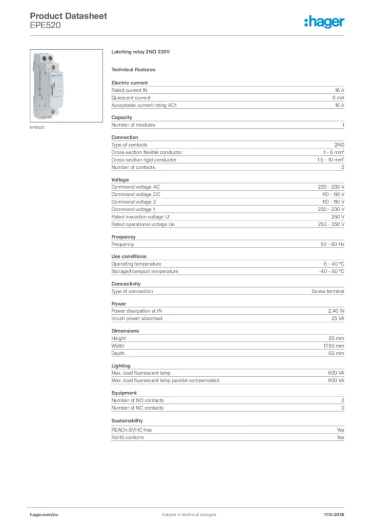 Image Hager Product data sheet EPE520  | Hager Australia