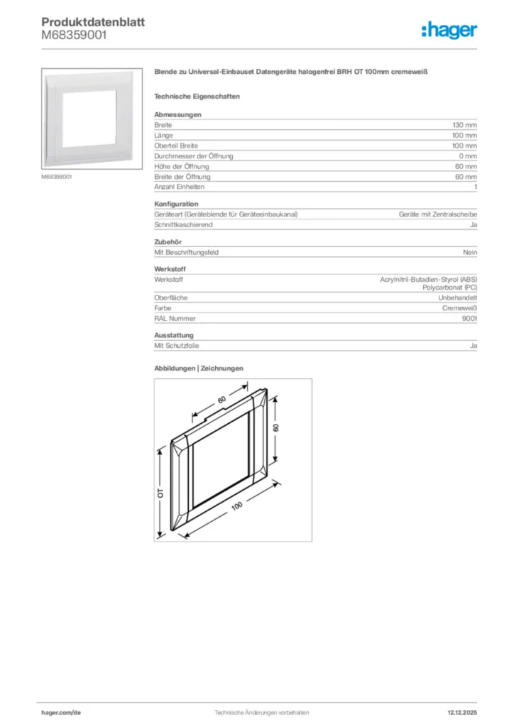 Bild Hager Produktdatenblatt M68359001 | Hager Deutschland