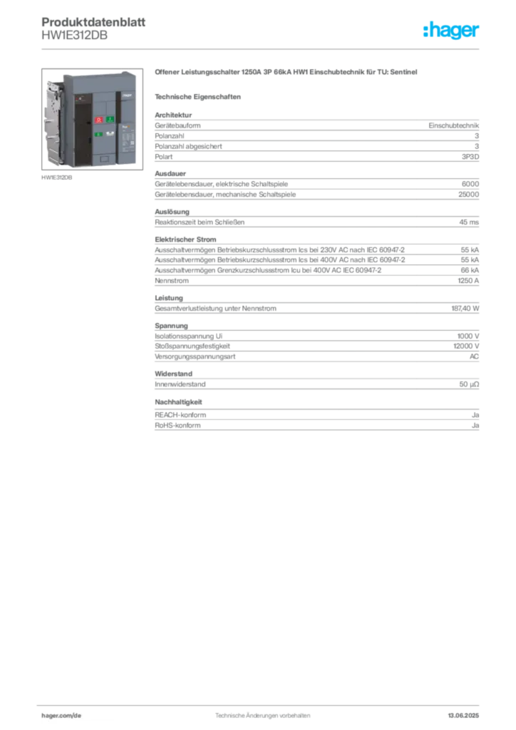 Bild Hager Produktdatenblatt HW1E312DB | Hager Deutschland