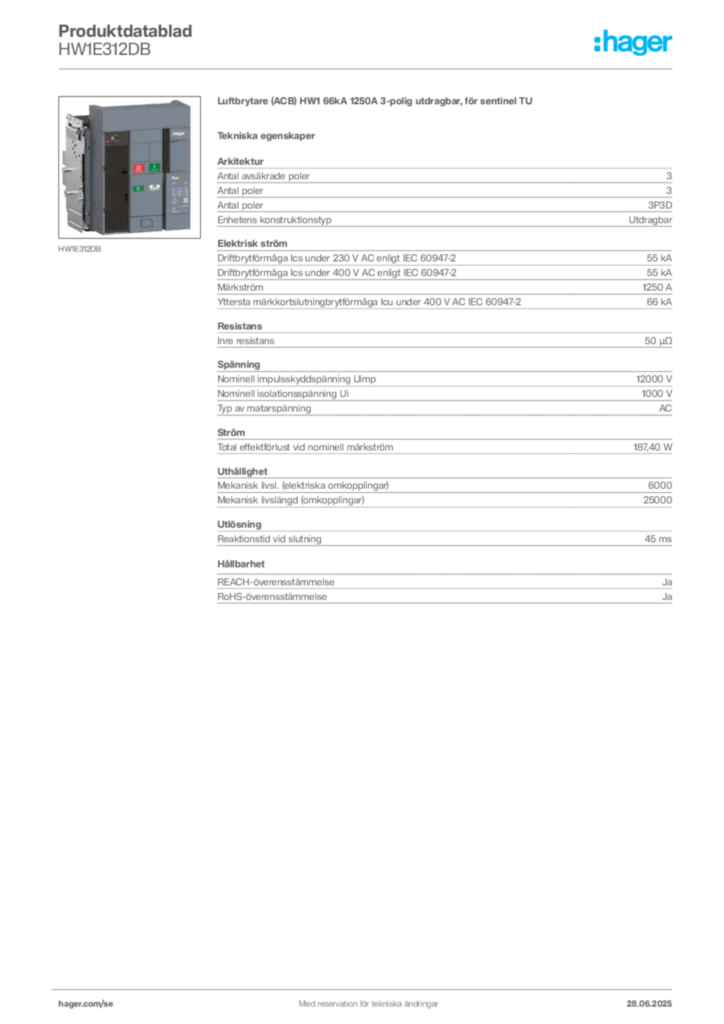 Bild Hager Produktdatablad HW1E312DB | Hager Sverige