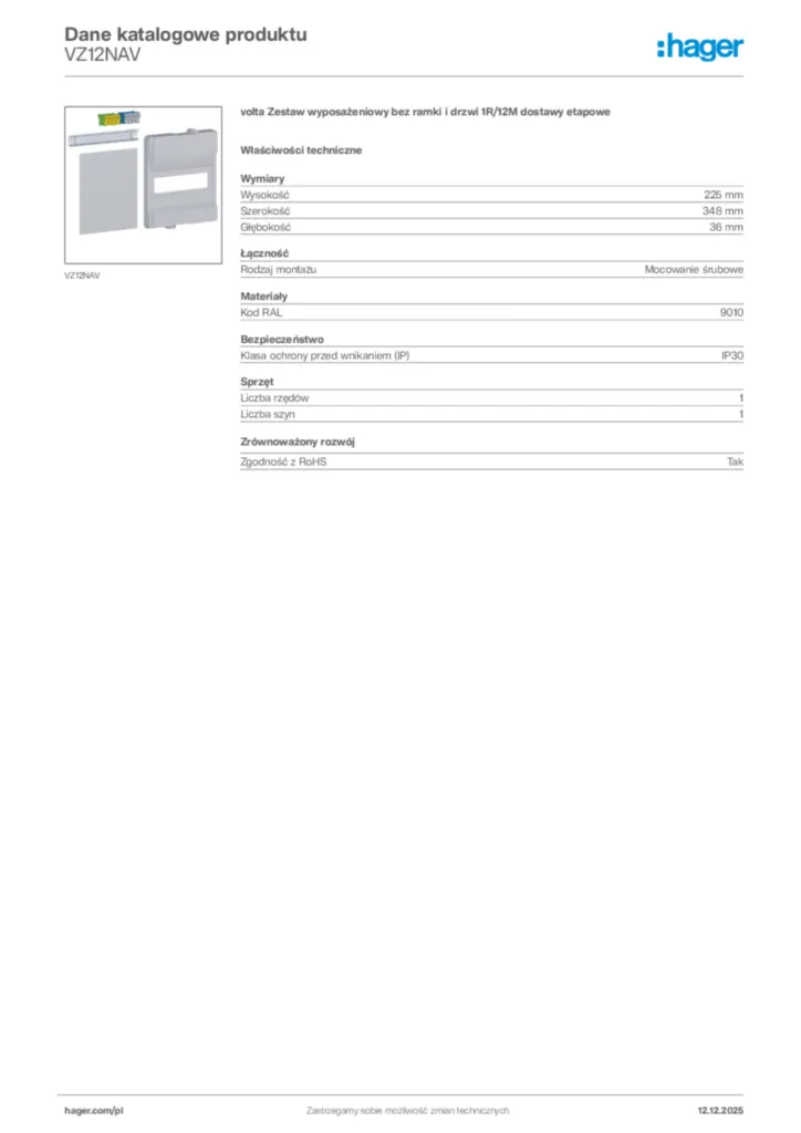 Zdjęcie Hager Karta katalogowa VZ12NAV | Hager Polska