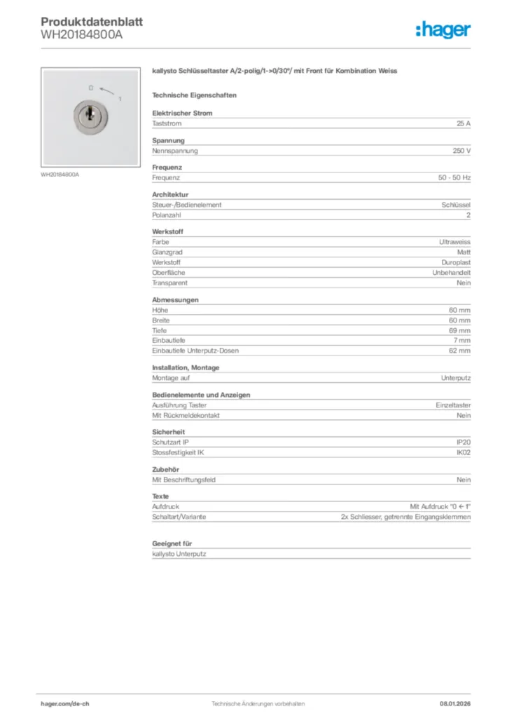 Bild Hager Produktdatenblatt WH20184800A | Hager Schweiz