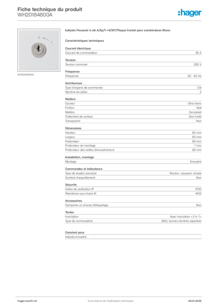 Image Hager Fiche technique du produit WH20184800A | Hager Suisse