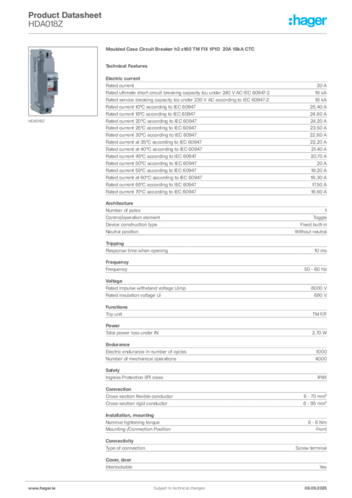 Image Hager Product data sheet HDA018Z  | Hager