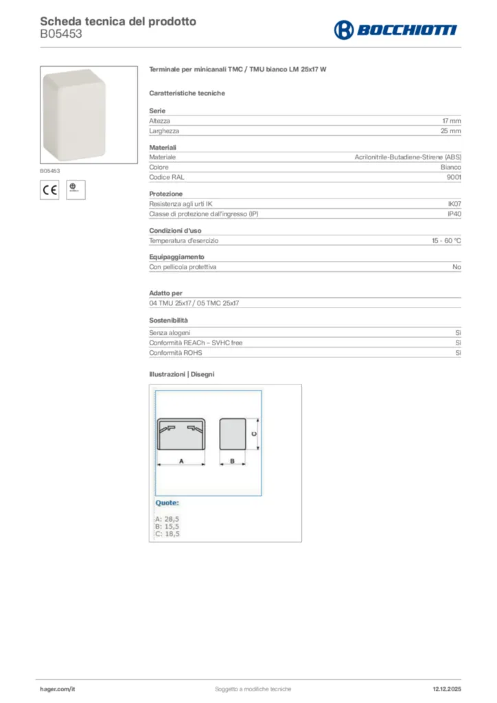 Immagine Bocchiotti Scheda tecnica del prodotto B05453 | Hager Italia