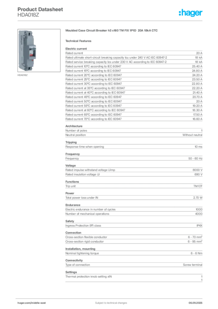 Image Hager Product data sheet HDA018Z  | Hager