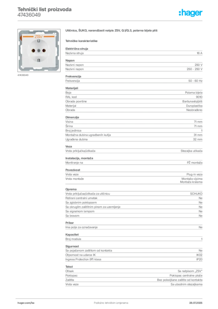 Slika Hager Product data sheet 47436049  | Hager
