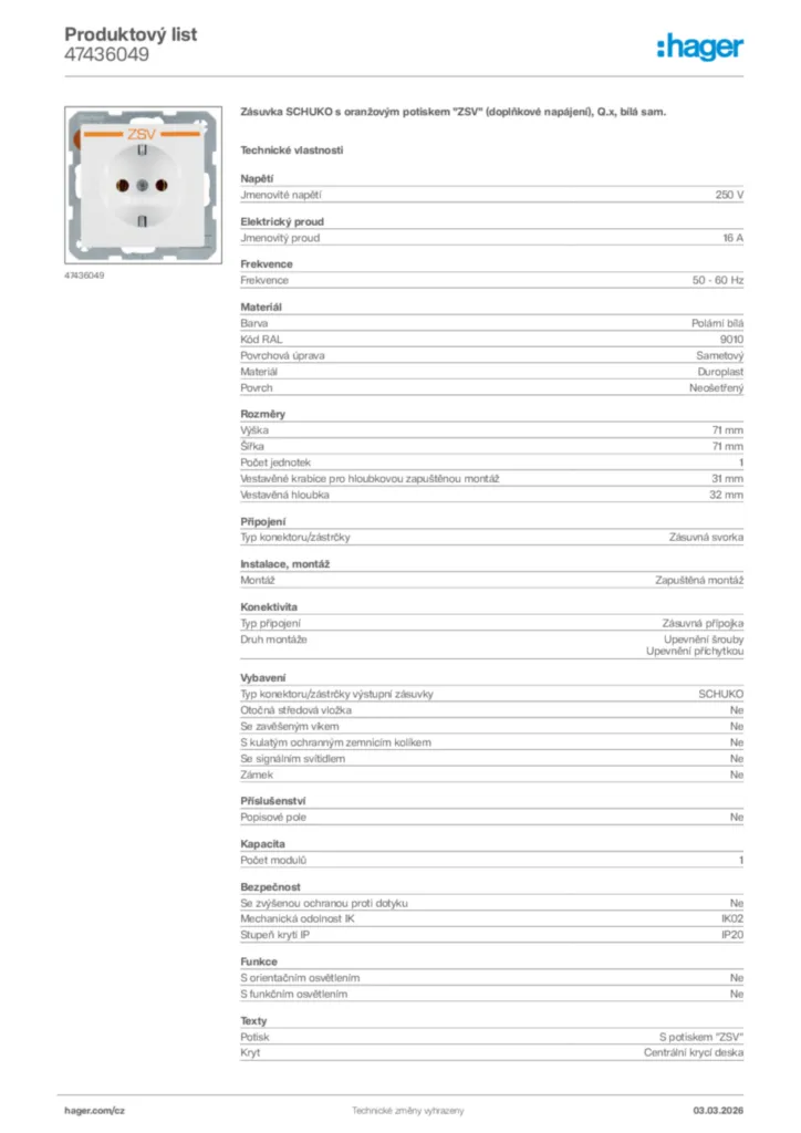 Obrázek Hager Product data sheet 47436049 | Hager