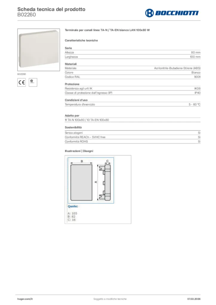 Immagine Bocchiotti Scheda tecnica del prodotto B02260 | Hager Italia