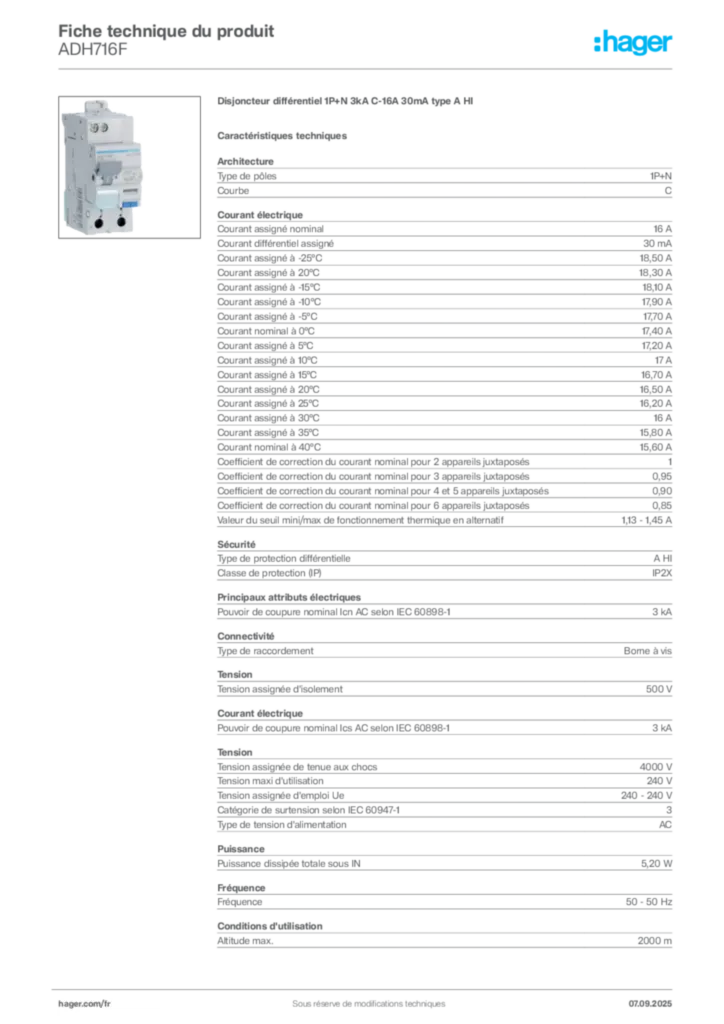 Image Hager Fiche technique du produit ADH716F | Hager France