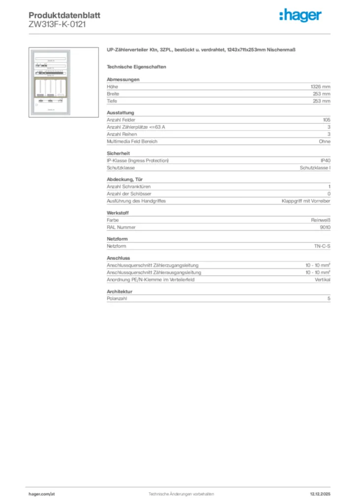 Bild Hager Produktdatenblatt ZW313F-K-0121 | Hager Deutschland