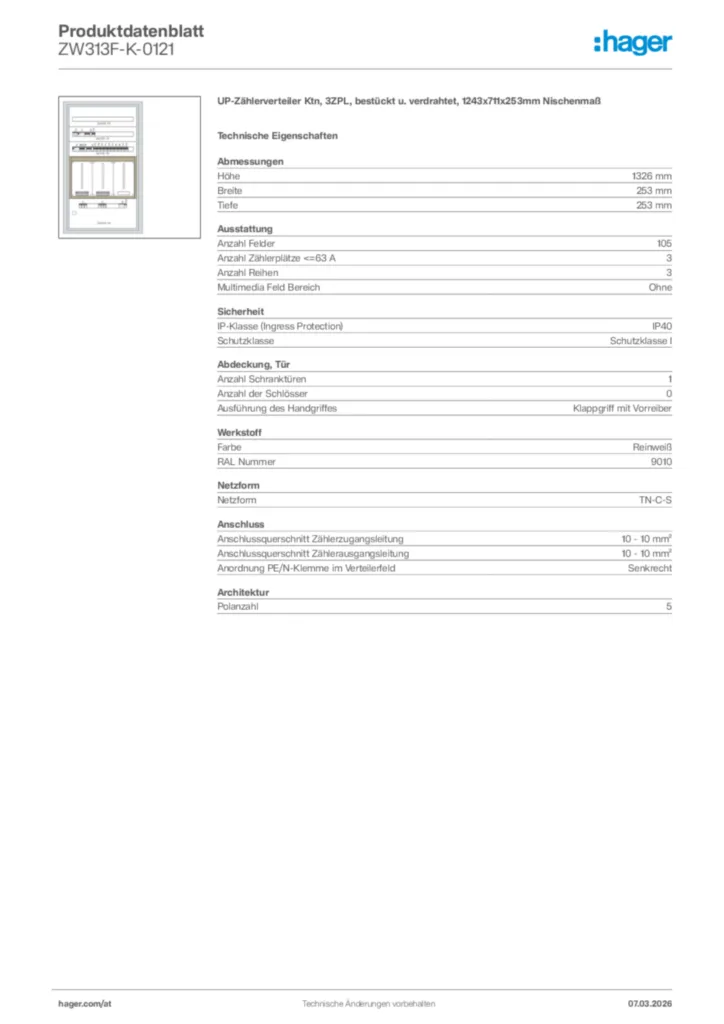 Bild Hager Produktdatenblatt ZW313F-K-0121 | Hager Deutschland