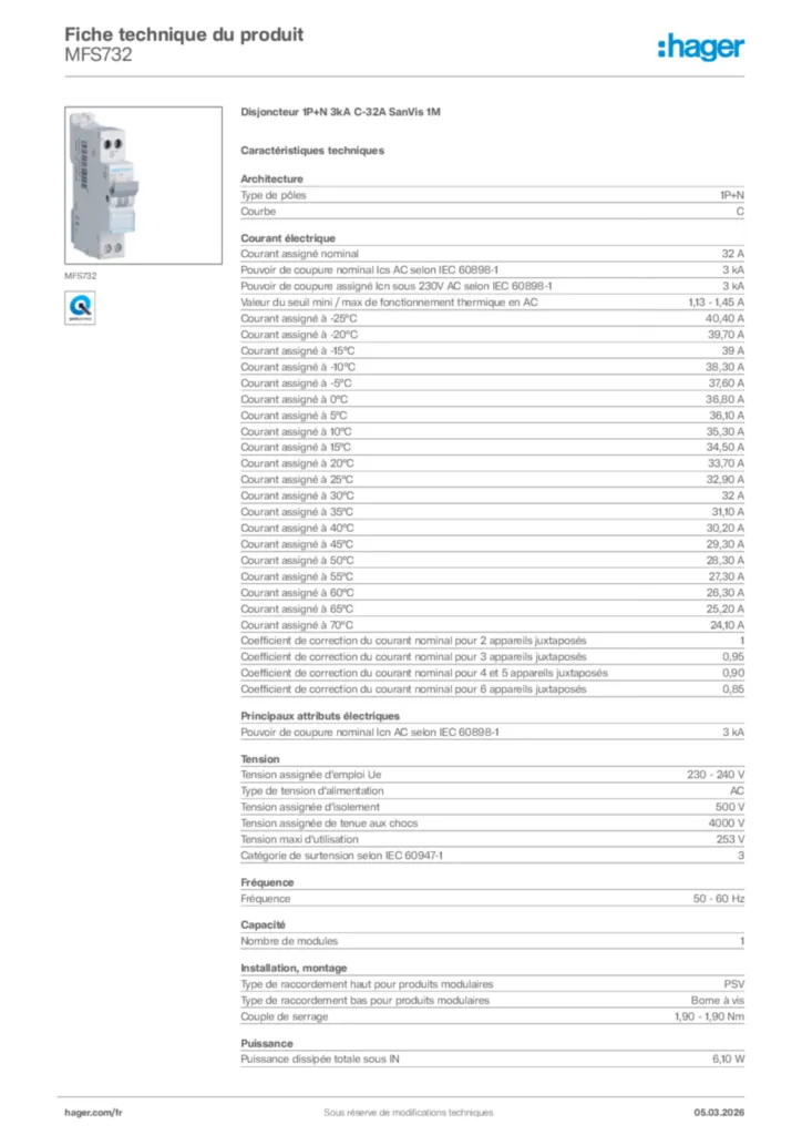 Image Hager Fiche technique du produit MFS732 | Hager France