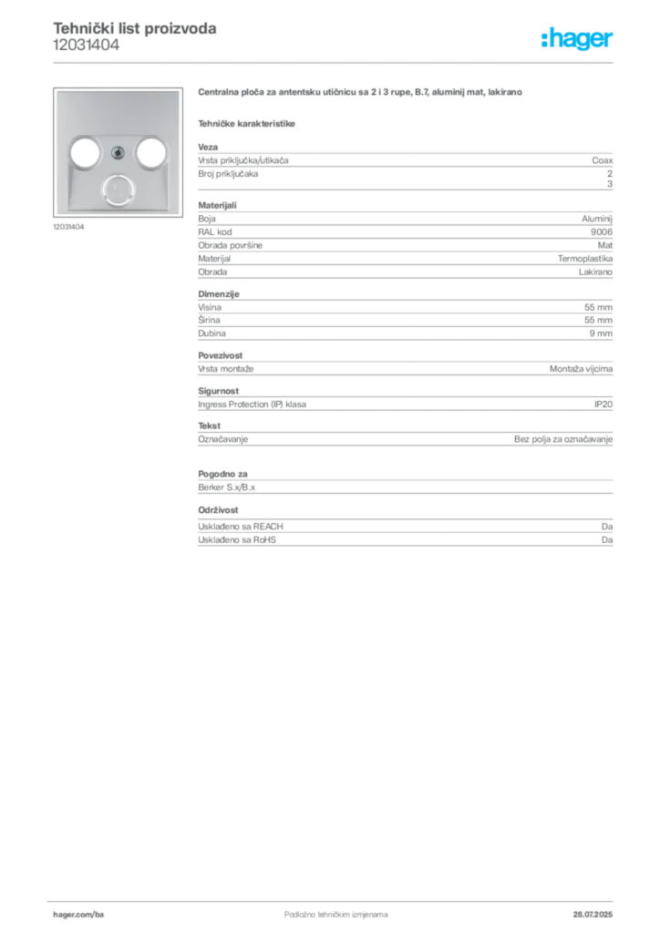 Slika Hager Product data sheet 12031404  | Hager