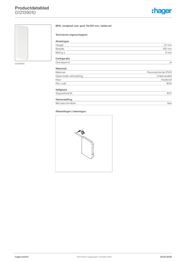 Afbeelding Hager Productdatablad G12139010 | Hager Nederland