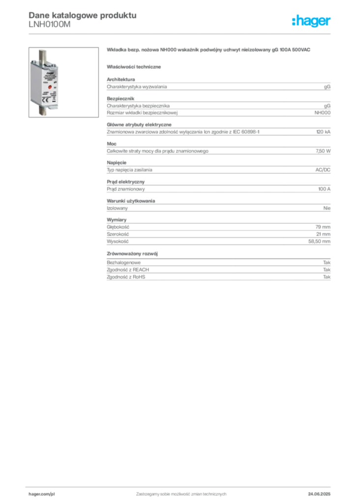 Zdjęcie Hager Karta katalogowa LNH0100M | Hager Polska