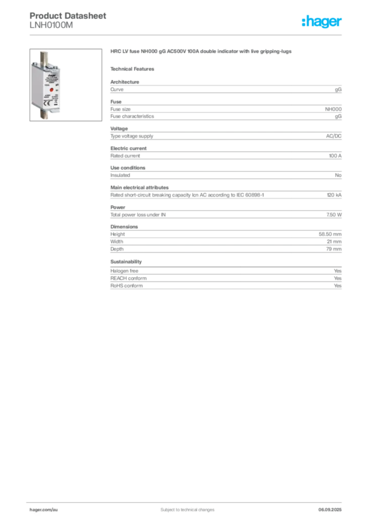 Image Hager Product data sheet LNH0100M  | Hager Australia