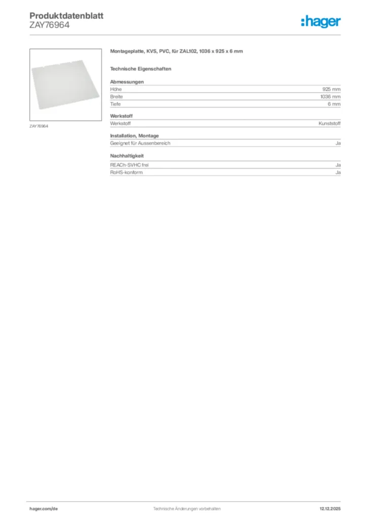 Bild Hager Produktdatenblatt ZAY76964 | Hager Deutschland