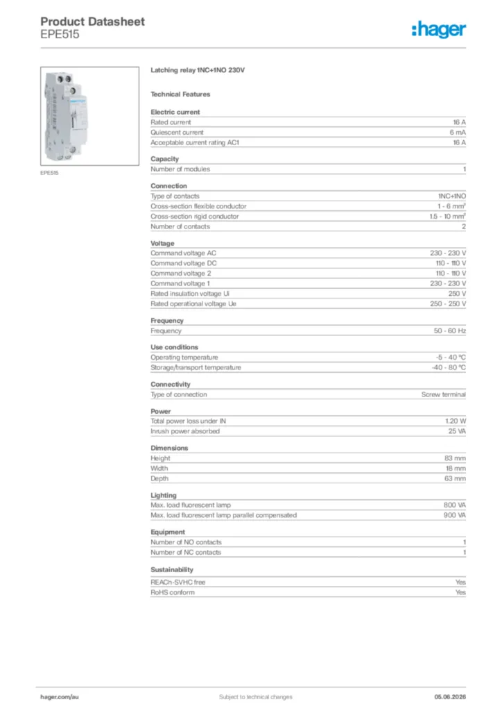 Image Hager Product data sheet EPE515  | Hager Australia