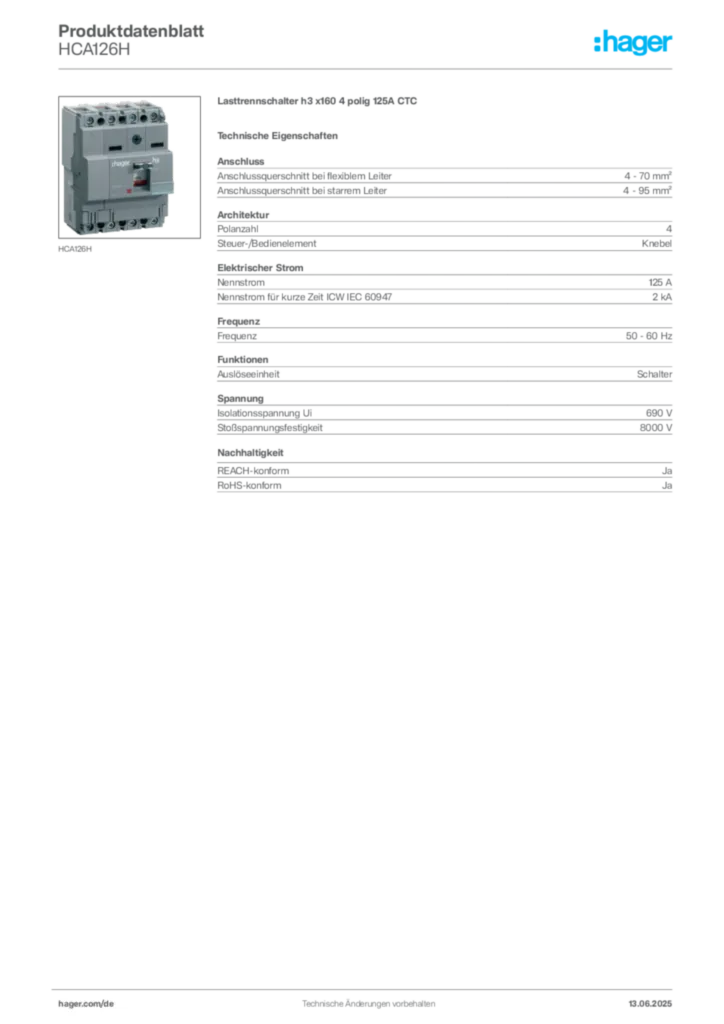 Hager Produktdatenblatt HCA126H