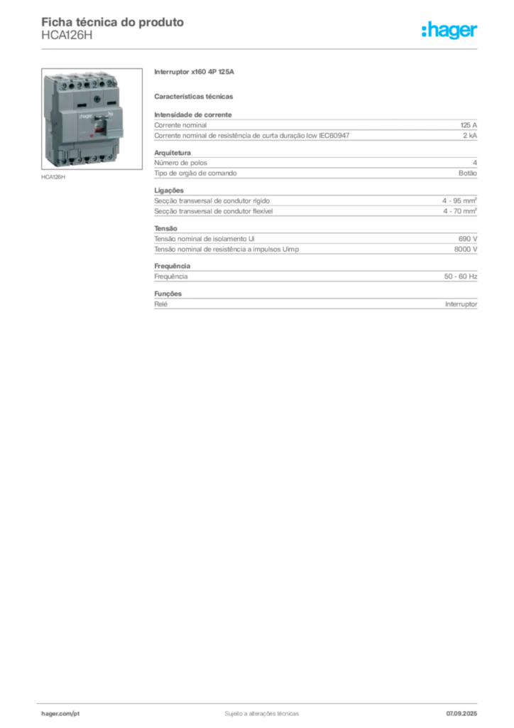 Imagem Hager Ficha técnica do produto HCA126H | Hager Portugal