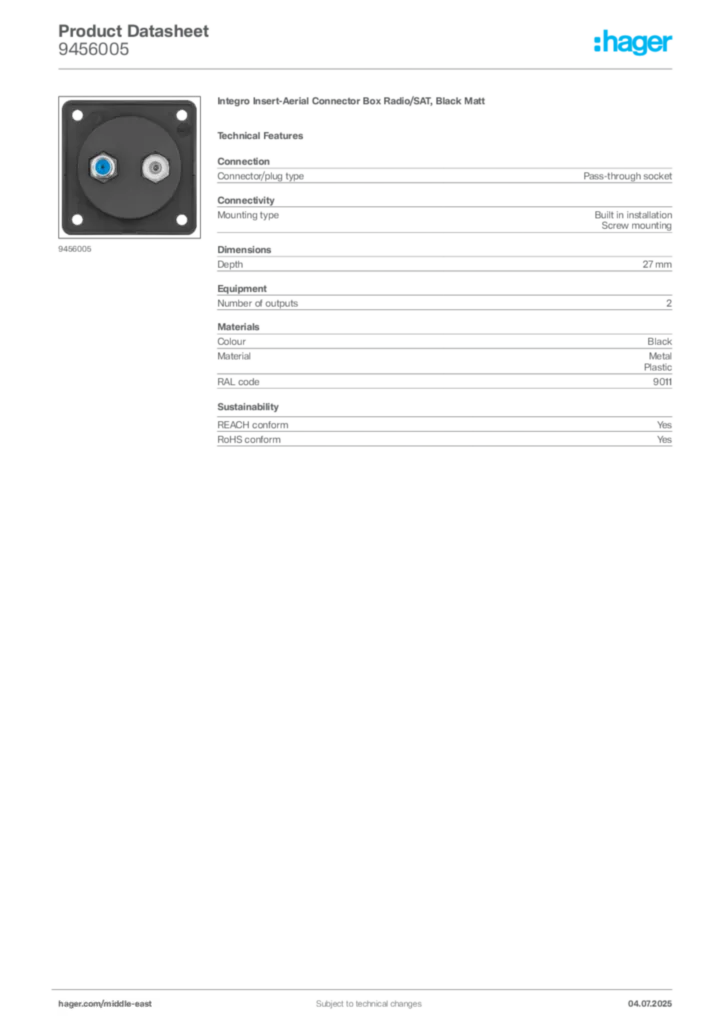 Image Hager Product data sheet 9456005  | Hager
