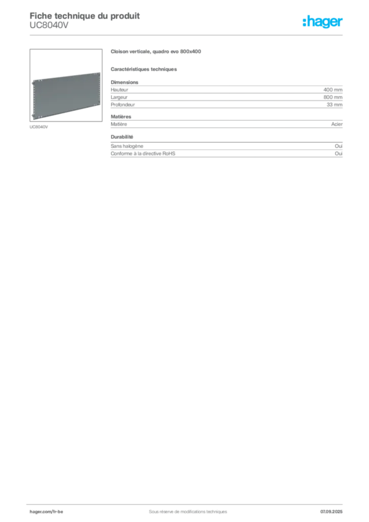 Image Hager Fiche technique du produit UC8040V | Hager Belgique