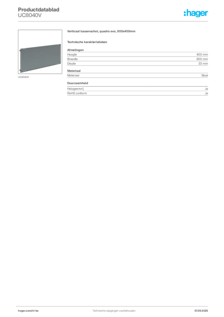 Afbeelding Hager Productdatablad UC8040V | Hager Belgium