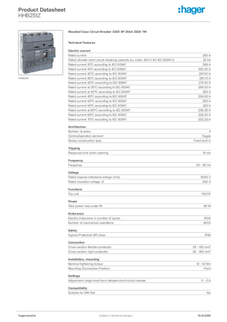 Image Hager Product data sheet HHB251Z  | Hager