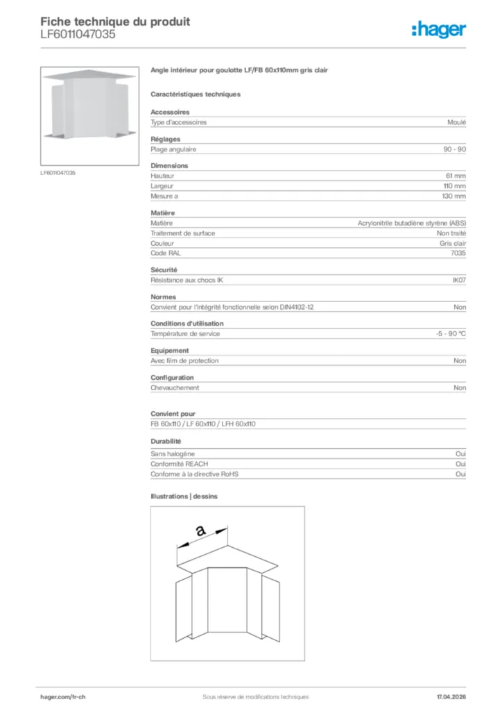 Image Hager Fiche technique du produit LF6011047035 | Hager Suisse