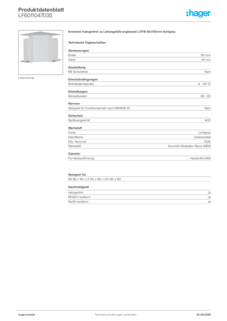 Bild Hager Produktdatenblatt LF6011047035 | Hager Deutschland
