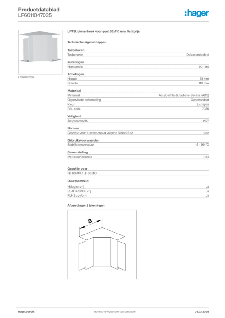 Afbeelding Hager Productdatablad LF6011047035 | Hager Nederland
