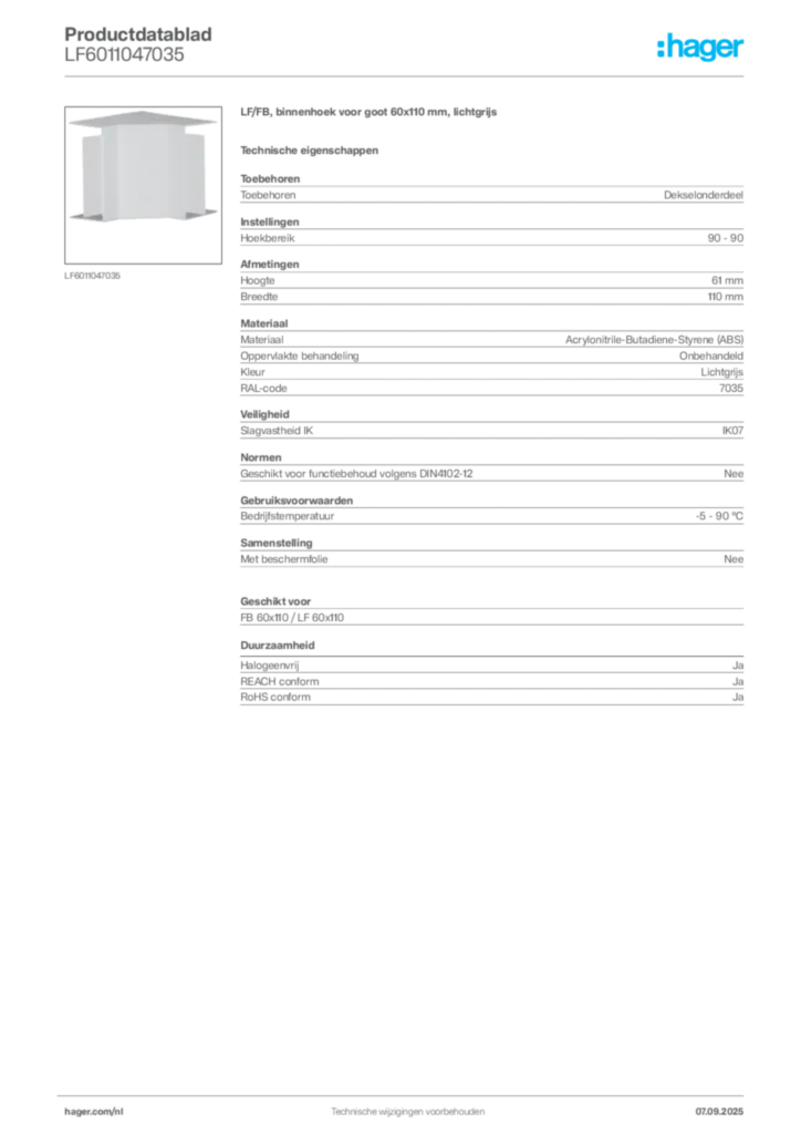 Afbeelding Hager Productdatablad LF6011047035 | Hager Nederland