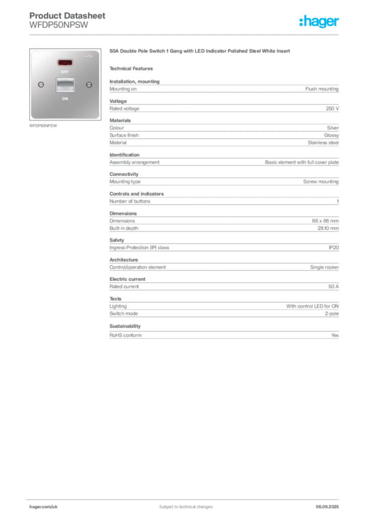 Image Hager Product data sheet WFDP50NPSW  | Hager