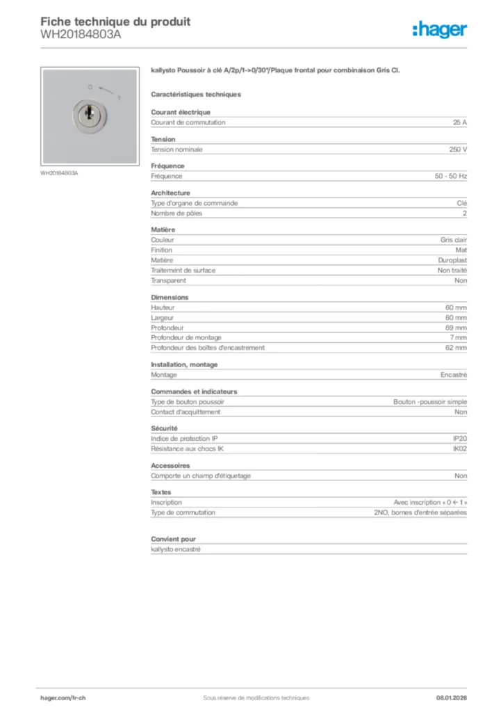 Image Hager Fiche technique du produit WH20184803A | Hager Suisse