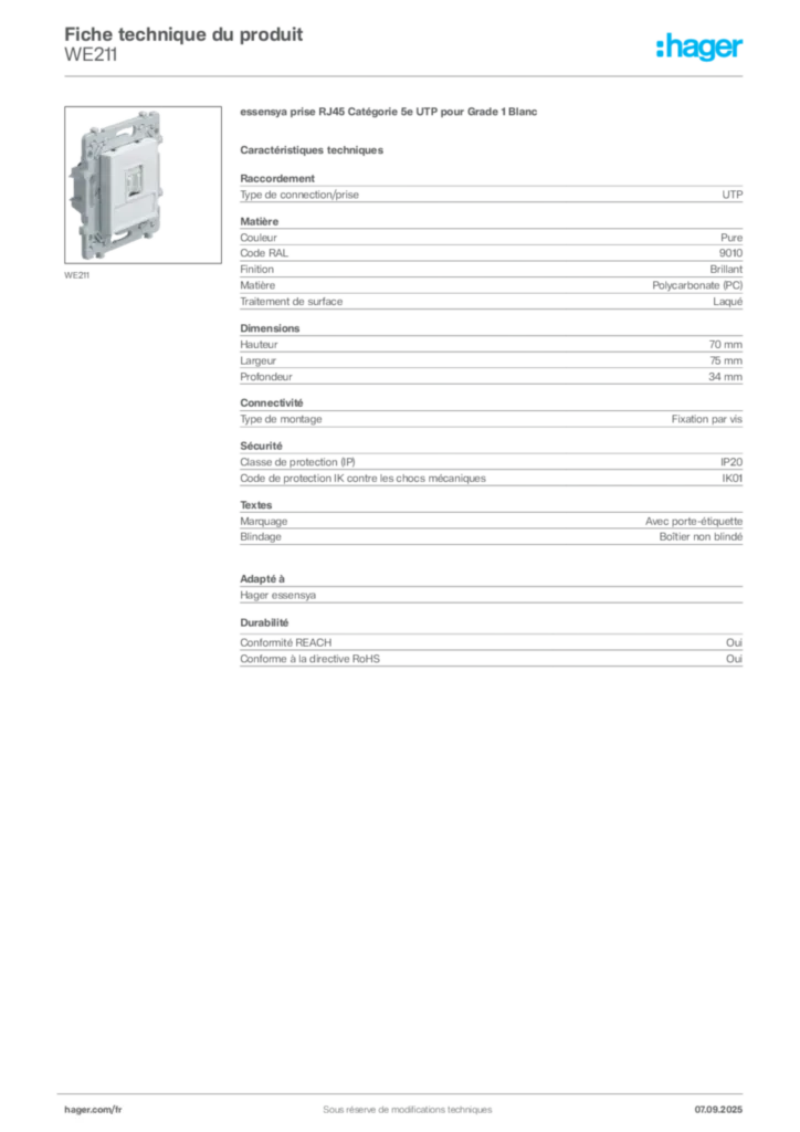 Image Hager Fiche technique du produit WE211 | Hager France