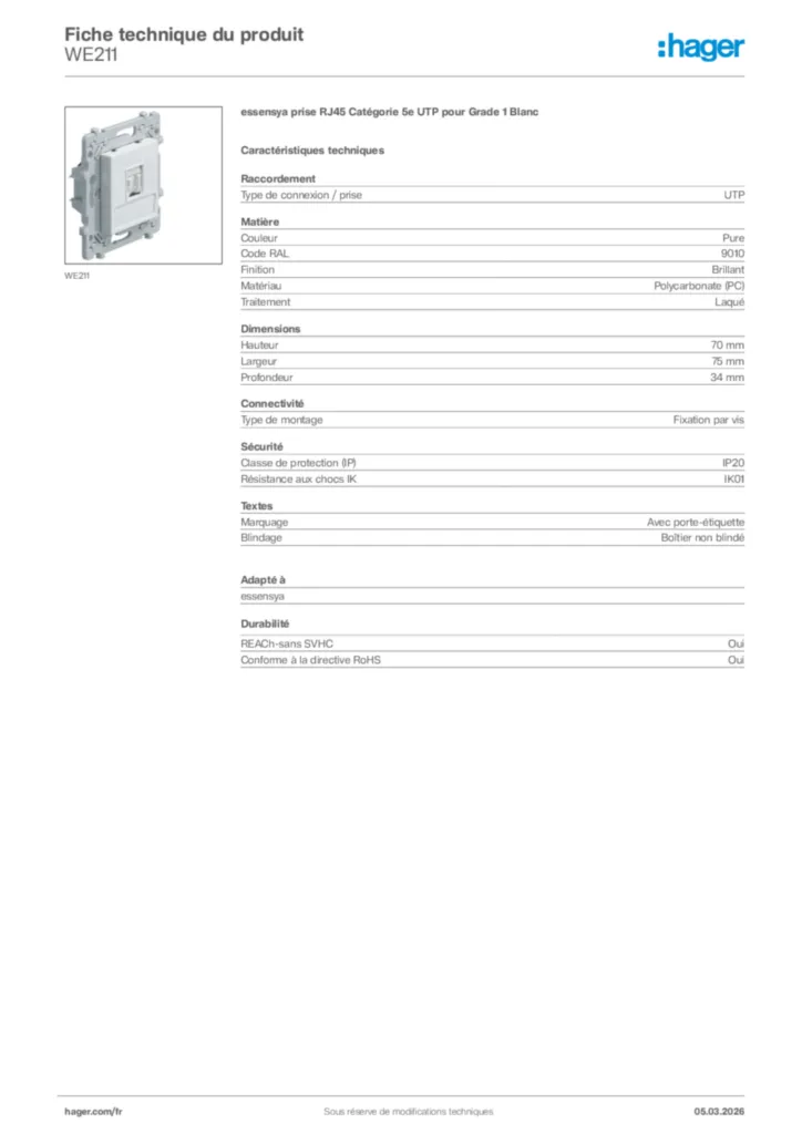 Image Hager Fiche technique du produit WE211 | Hager France