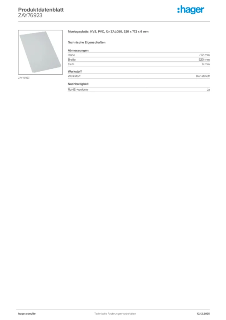 Bild Hager Produktdatenblatt ZAY76923 | Hager Deutschland