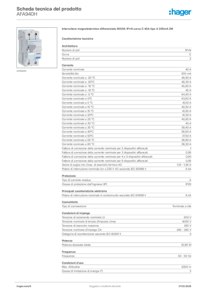 Immagine Hager Scheda tecnica del prodotto AFA940H | Hager Italia
