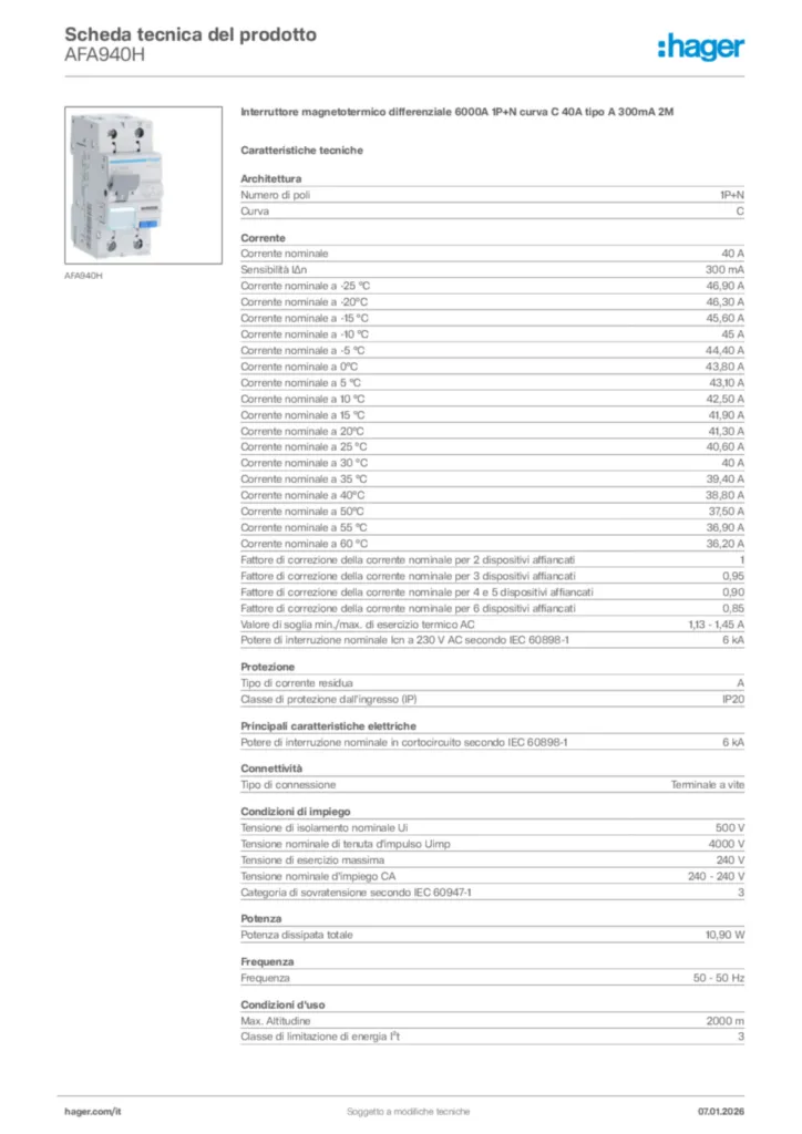 Immagine Hager Scheda tecnica del prodotto AFA940H | Hager Italia