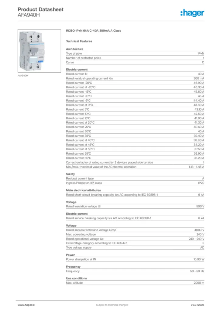 Image Hager Product data sheet AFA940H  | Hager