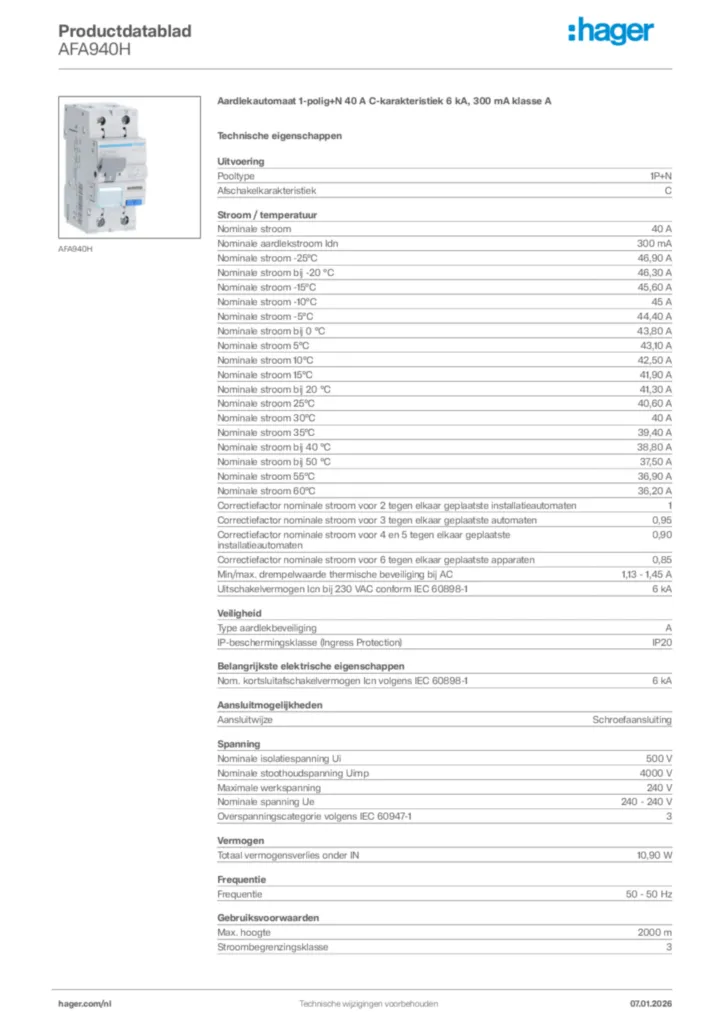 Afbeelding Hager Productdatablad AFA940H | Hager Nederland