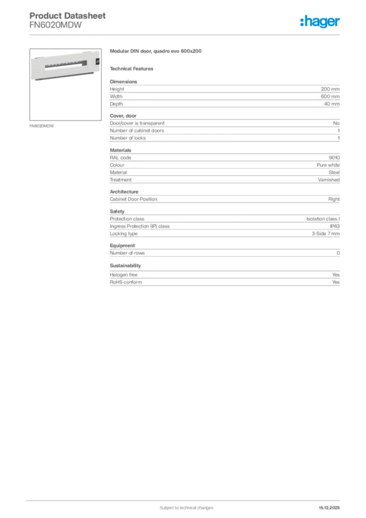 Image Hager Product data sheet FN6020MDW  | Hager Africa