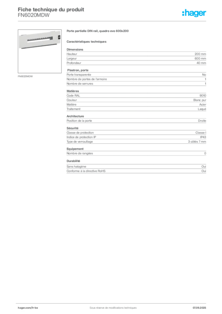 Image Hager Fiche technique du produit FN6020MDW | Hager Belgique