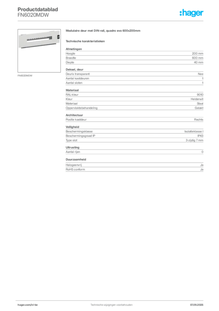 Afbeelding Hager Productdatablad FN6020MDW | Hager Belgium