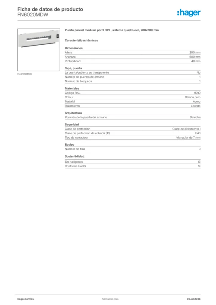Imagen Hager Ficha de datos de producto FN6020MDW | Hager España