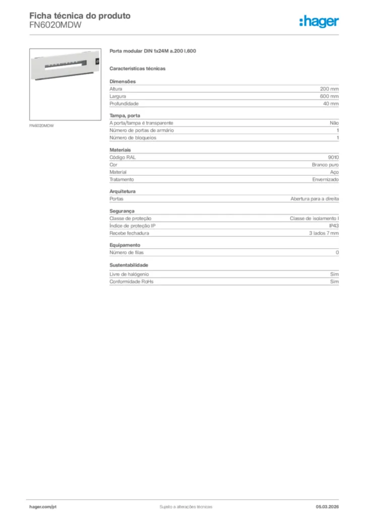 Imagem Hager Ficha técnica do produto FN6020MDW | Hager Portugal
