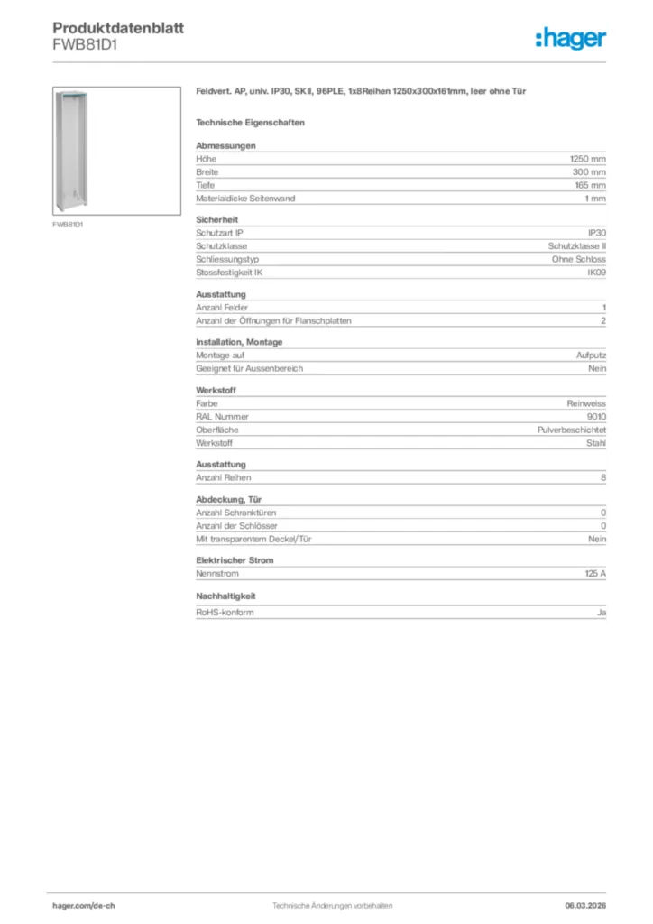 Bild Hager Produktdatenblatt FWB81D1 | Hager Schweiz