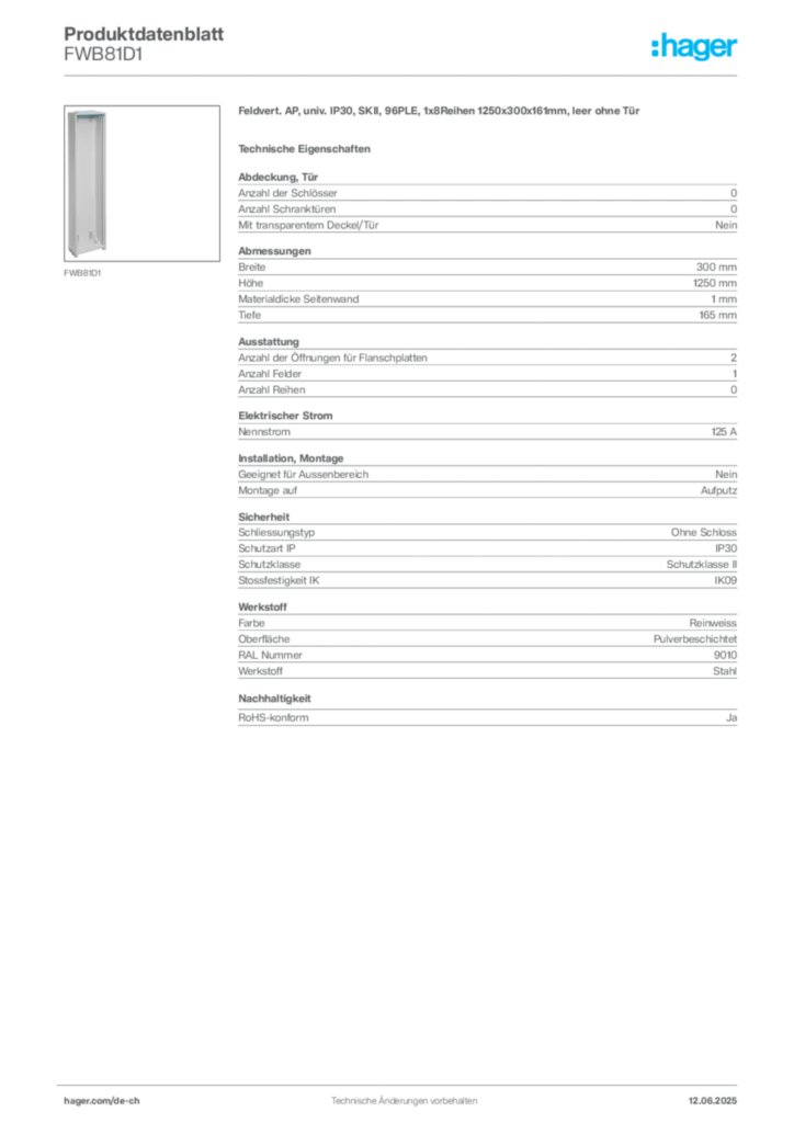 Bild Hager Produktdatenblatt FWB81D1 | Hager Schweiz